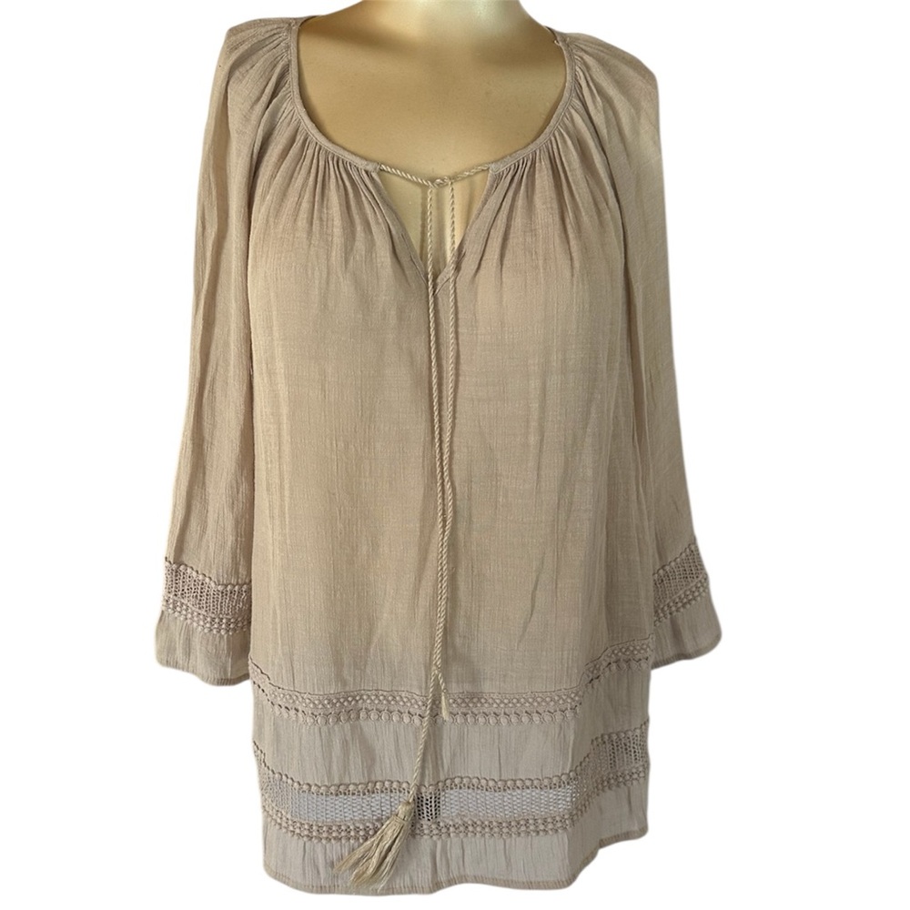 Spense Beige Women's Top with Crochet Details Gauzy Feel Lightweight Large